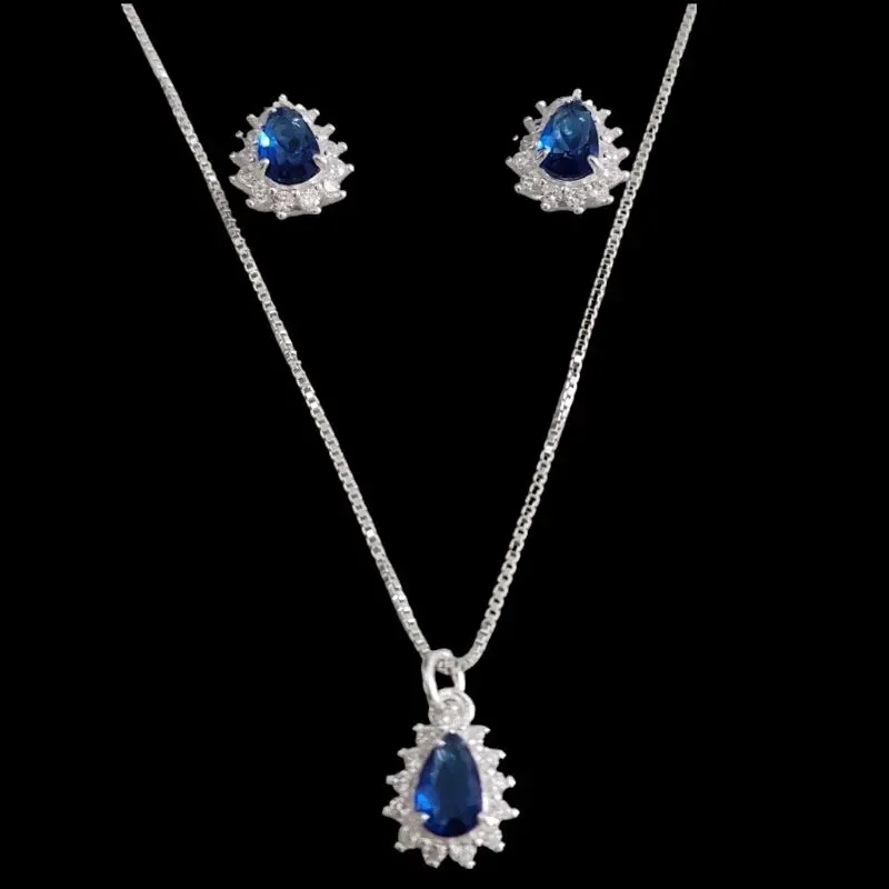 CONJUNTO GOTA PEDRA 4X6 MICROZIRCONIA CRAVEJADO COR AZUL