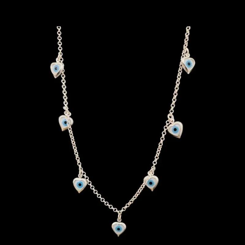 CHOKER CORAÇÃO OLHO GREGO 7 PEDRAS AZUL CLARO