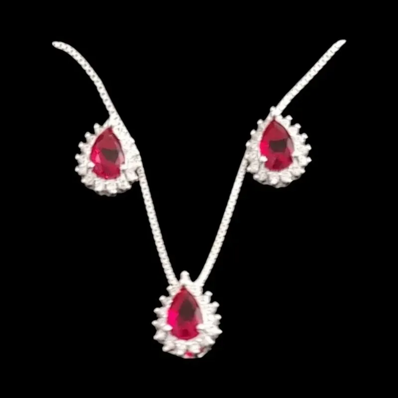 CONJUNTO ZIRCONIA GOTA MOLDURA CRAVEJADA VERMELHO