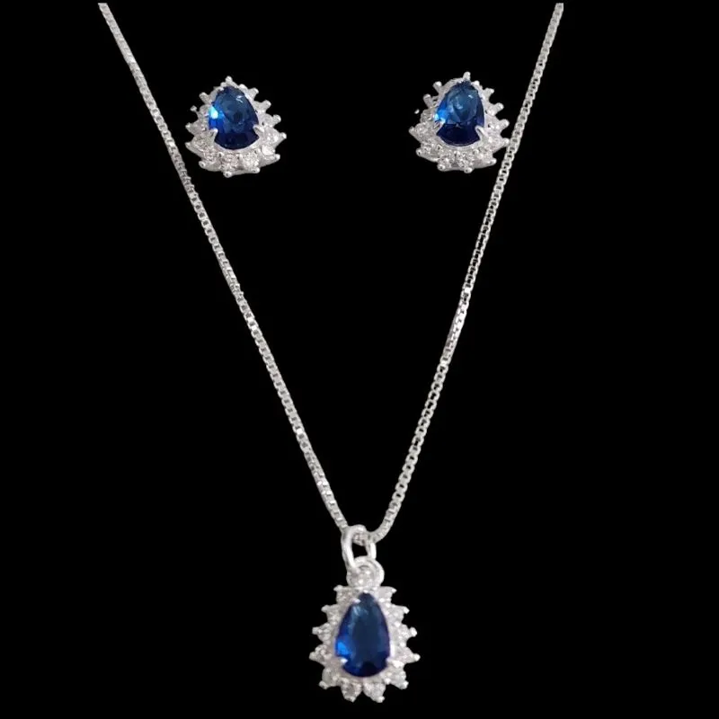 CONJUNTO GOTA PEDRA 4X6 MICROZIRCONIA CRAVEJADO COR AZUL