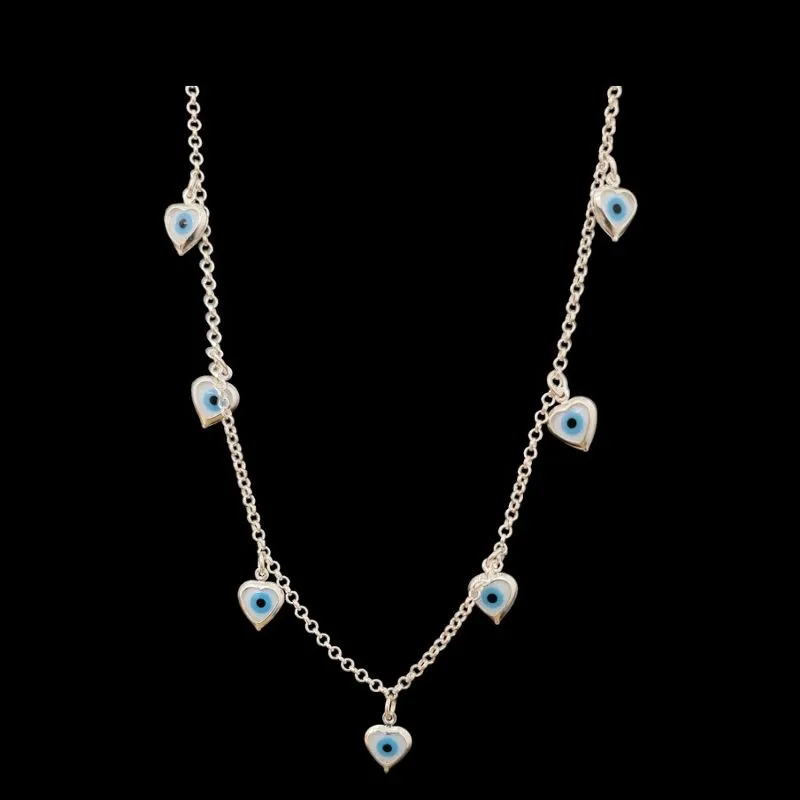 CHOKER CORAÇÃO OLHO GREGO 7 PEDRAS AZUL CLARO