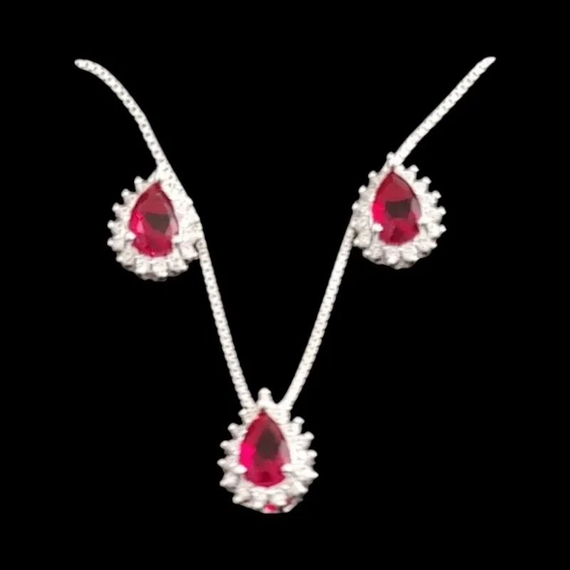 CONJUNTO ZIRCONIA GOTA MOLDURA CRAVEJADA VERMELHO